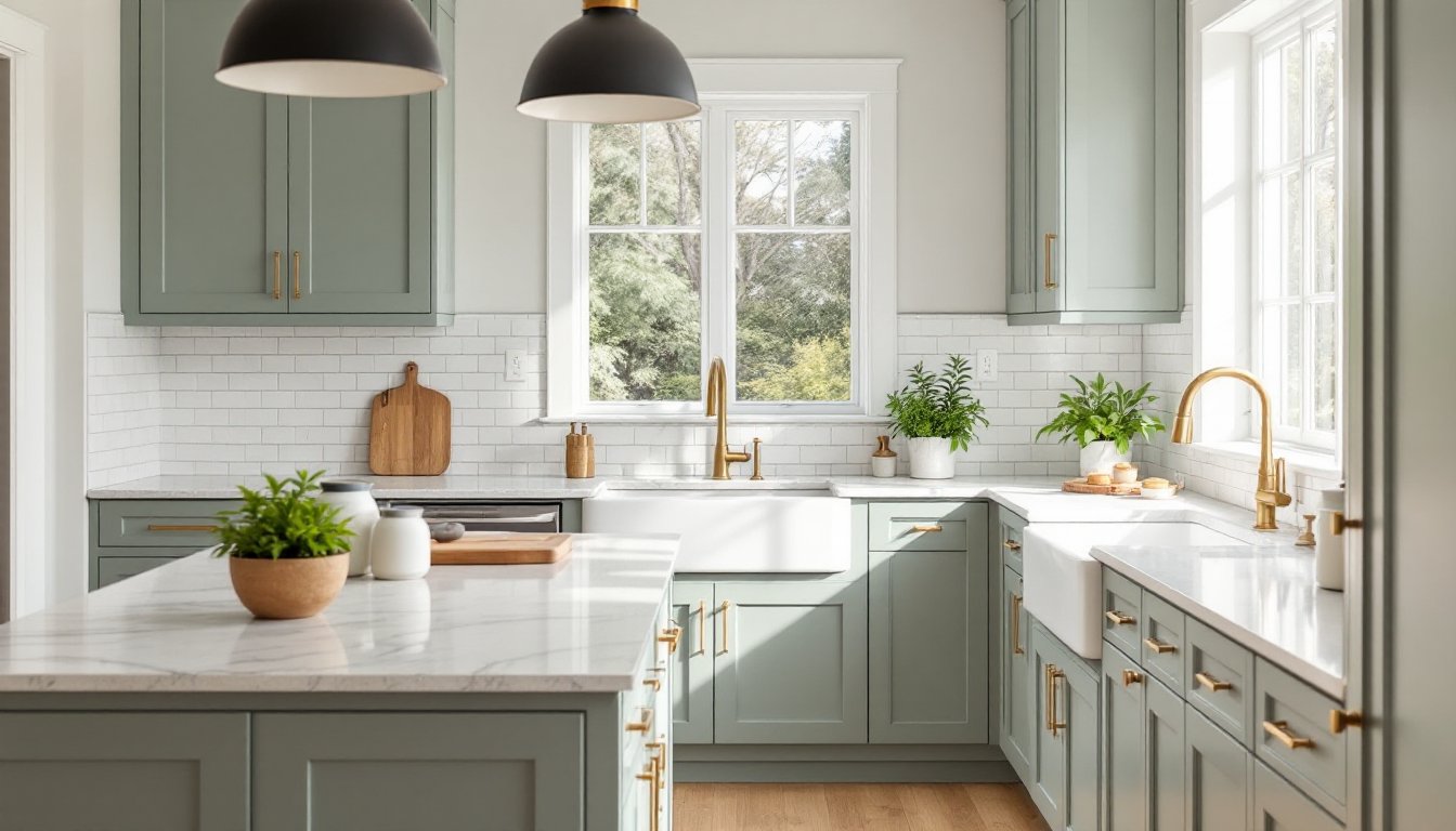 kitchen with sage green cabinets